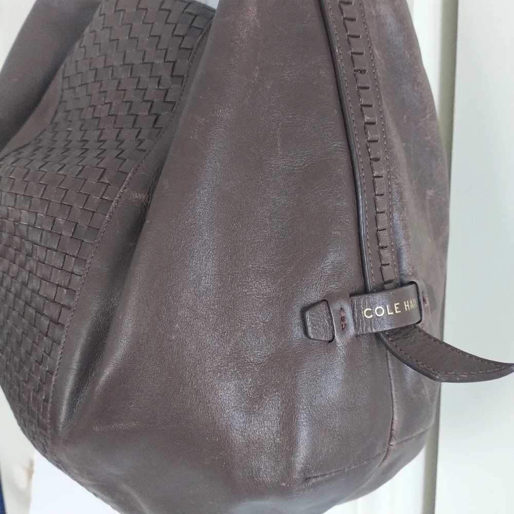 Cole Haan Bethany Weave Single Strap Leather Hobo Bag Chestnut Brown